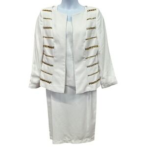 Elite‎ Champagne Skirt Suit Womens 12 White 3 Piece Jacket Shell Beaded Sequin